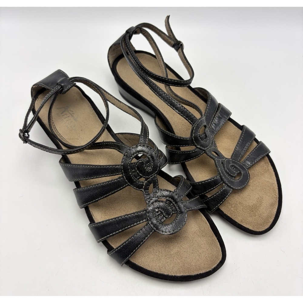 Clarks Artisan Black Leather Sandal Womens 9.5 M Ankle Strap Comfort Travel